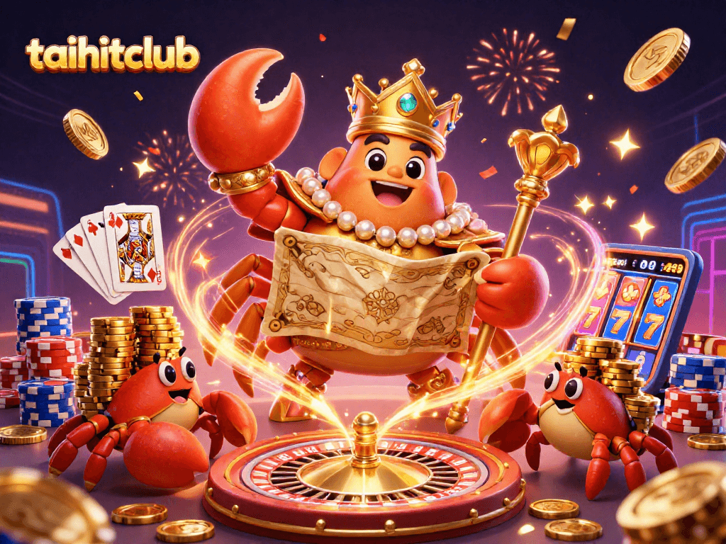 Experience the thrilling world of taihitclub with a golden crab emperor surrounded by vibrant casino elements.