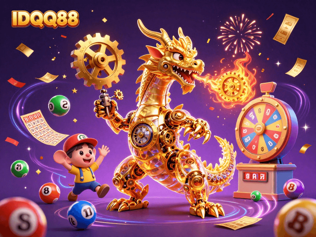 Engage with IDQQ88's exciting casino world featuring a golden dragon and vibrant gaming elements.