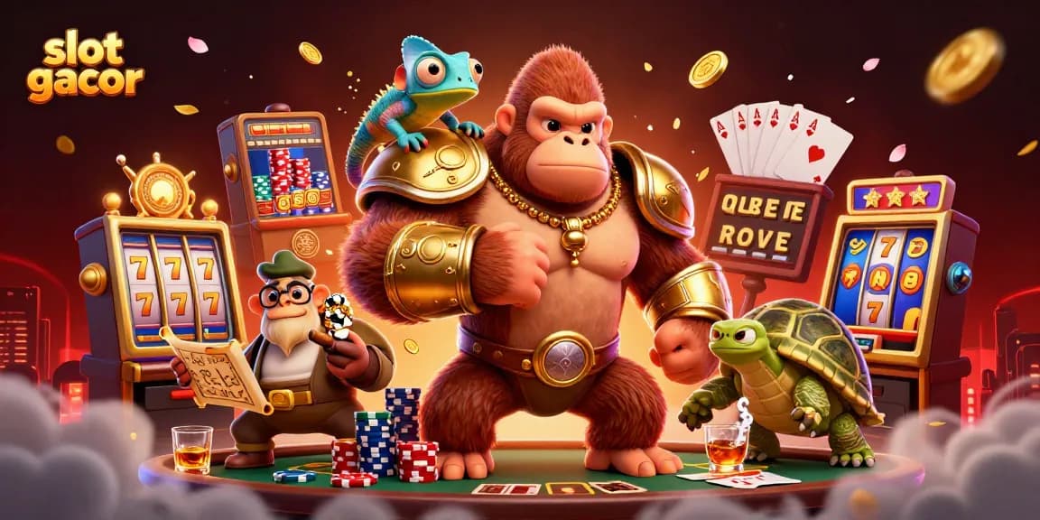 Visualisasikan slot gacor dengan gorila perkasa dan elemen permainan kasino yang meriah.