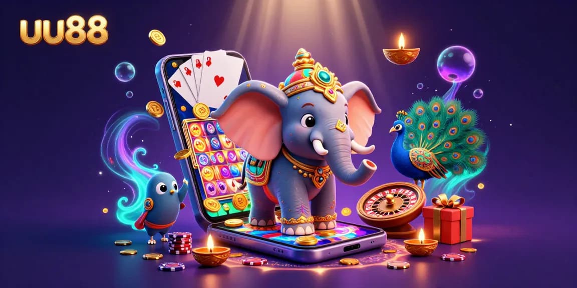 Spin the reels with uu88 in this vibrant casino-themed illustration showcasing slot games and festive elements.