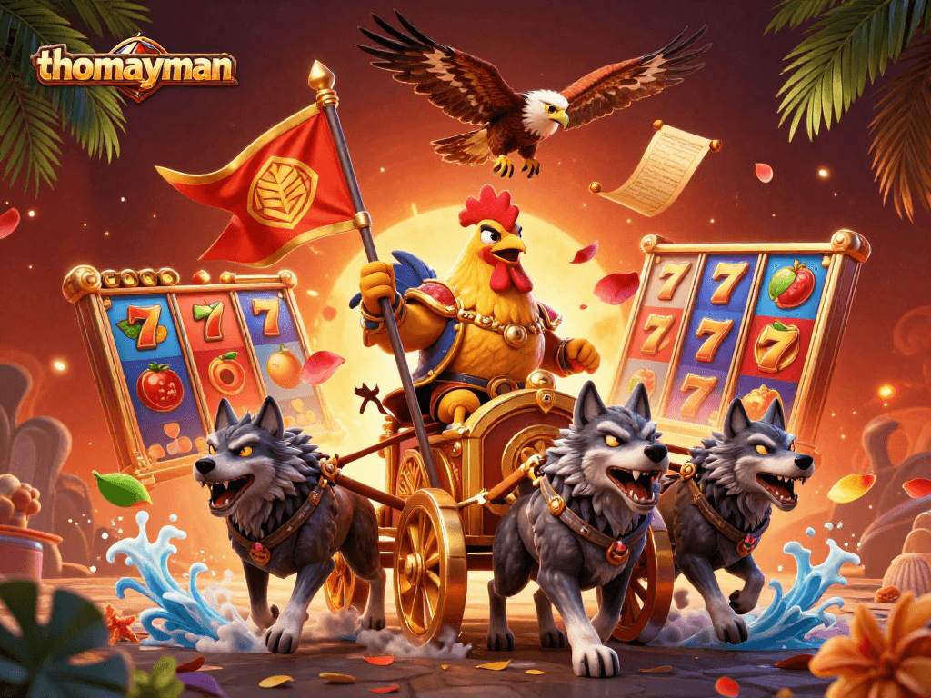 Engage with thomayman’s thrilling jackpot slots, showcasing vivid characters and dynamic gaming elements.