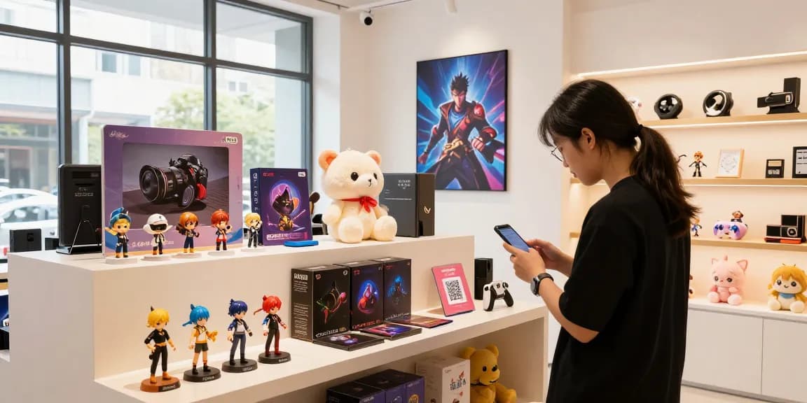 Customer exploring gacha168 gaming merchandise in modern retail boutique.