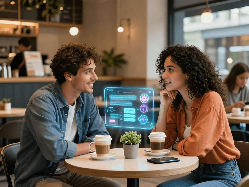 Couple exploring sex ai chat in a modern café, engaging with digital interface