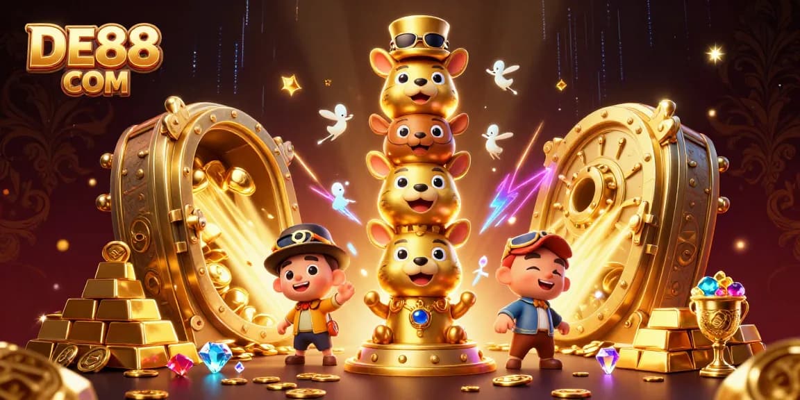Experience thrilling gameplay at DE88 COM with a vibrant 3D casino illustration featuring a golden totem.