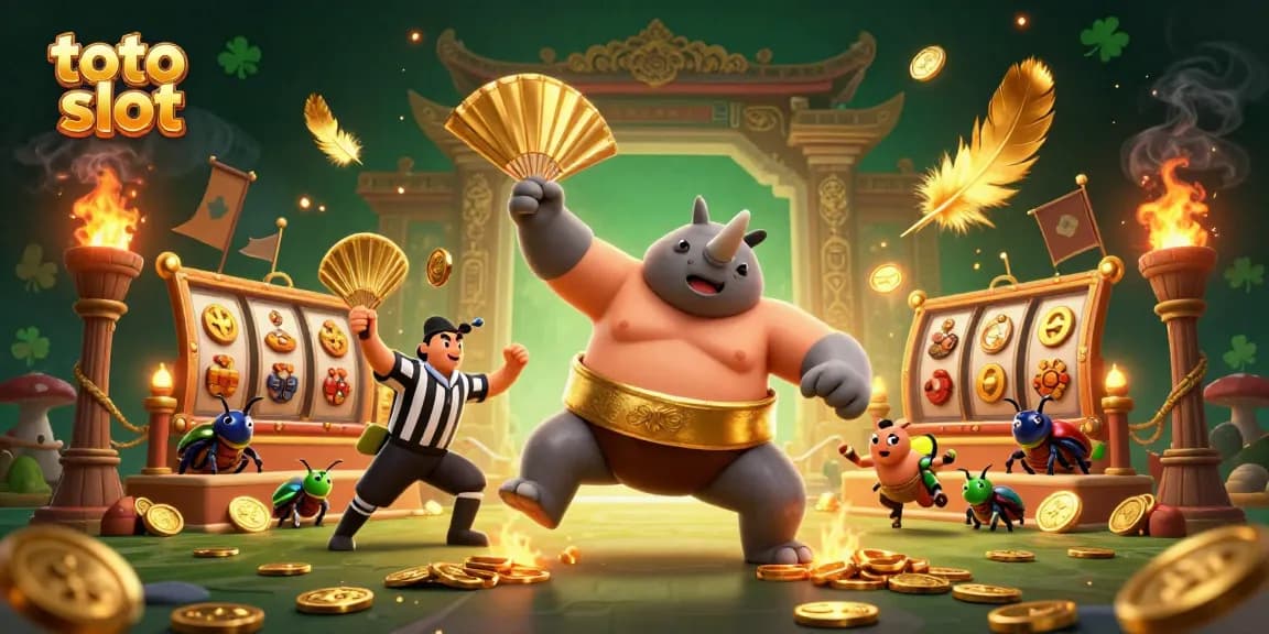 Experience the thrill of toto slot games with a vibrant illustration of a beetle champion winning big.