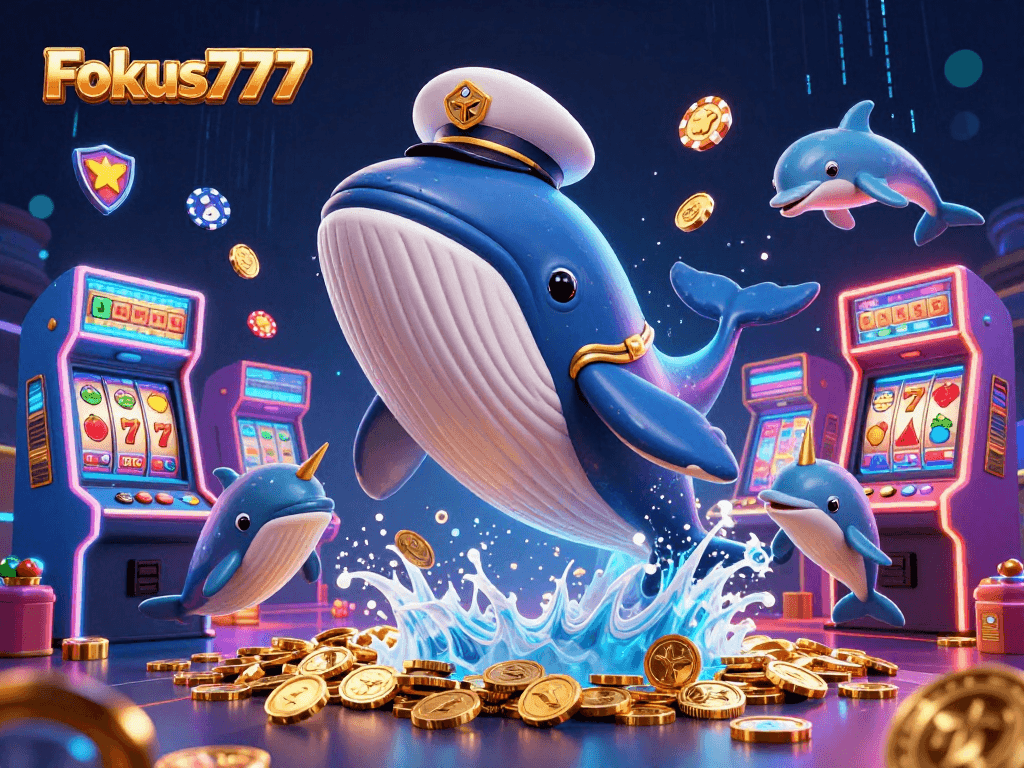 Experience the excitement of Fokus777 with a whimsical ocean scene featuring a playful whale and dolphins amidst slot reels and glowing arcade games