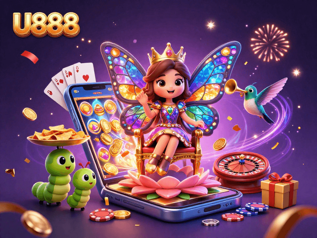 U888 offers engaging gameplay with a vibrant scene featuring a butterfly queen surrounded by exciting casino elements.