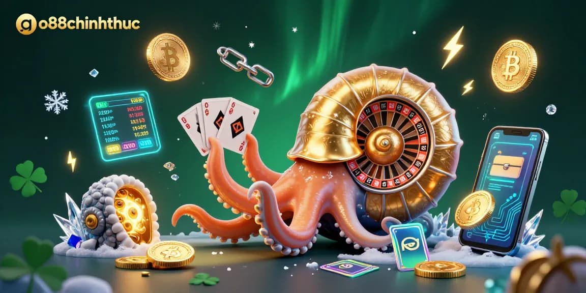 Engage with the go88chinhthuc casino world through a vibrant 3D illustration filled with crypto gaming elements.