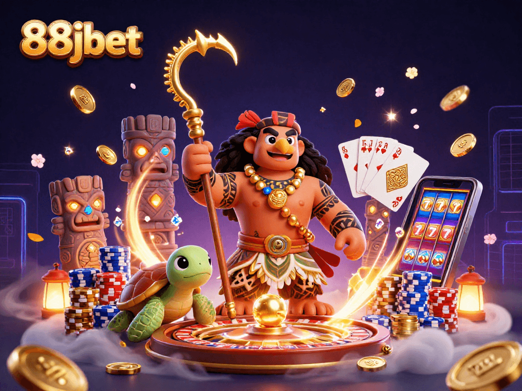 Experience thrilling gameplay with 88jbet as vibrant 3D characters celebrate wins in a casino.