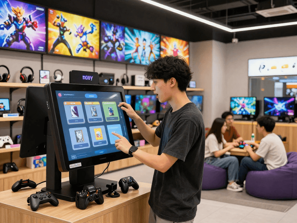 Pengunjung melihat pilihan top-up game digital di SLOT7000, suasana ceria di toko game.