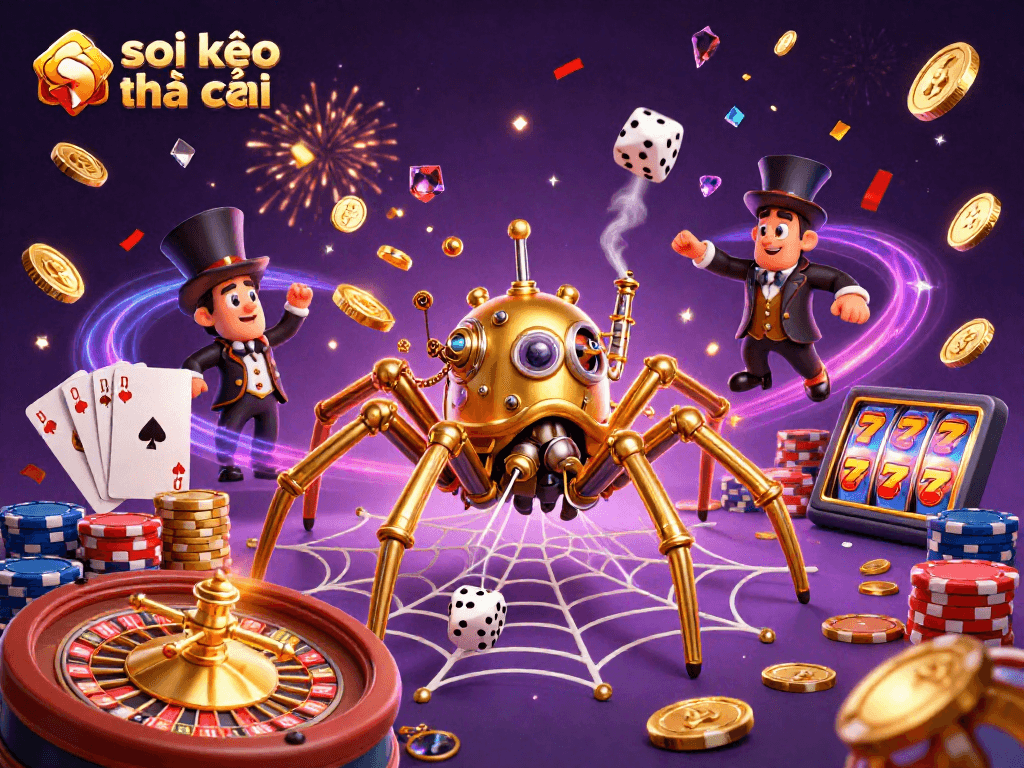 Play thrilling casino games with soi kèo nhà cái's vibrant steampunk-themed illustration featuring poker chips and dice.