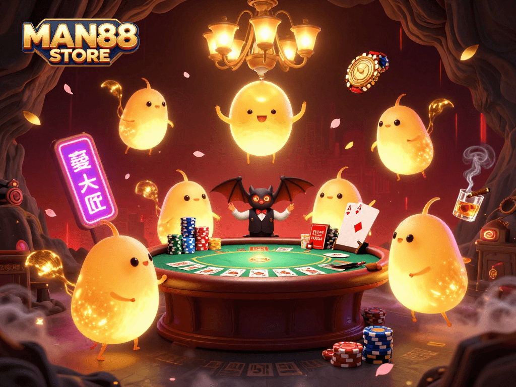 Engage in exciting gameplay at MAN88 STORE as glowworms illuminate a vibrant casino scene.