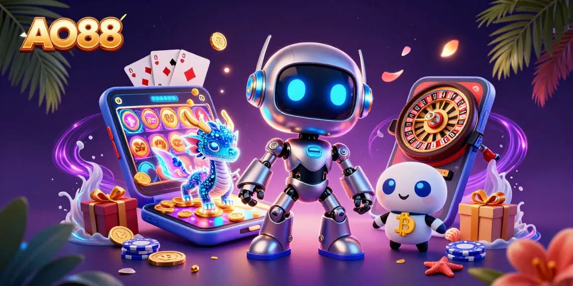 Experience the thrill of AO88 with vibrant gaming action and dynamic characters in a stunning casino scene.