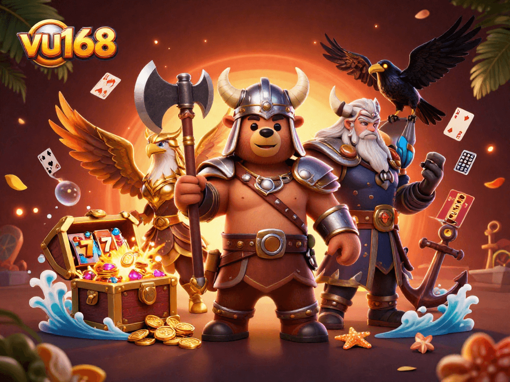 Experience thrilling wins at VU168 with vibrant casino elements and characters in a dynamic 3D scene.
