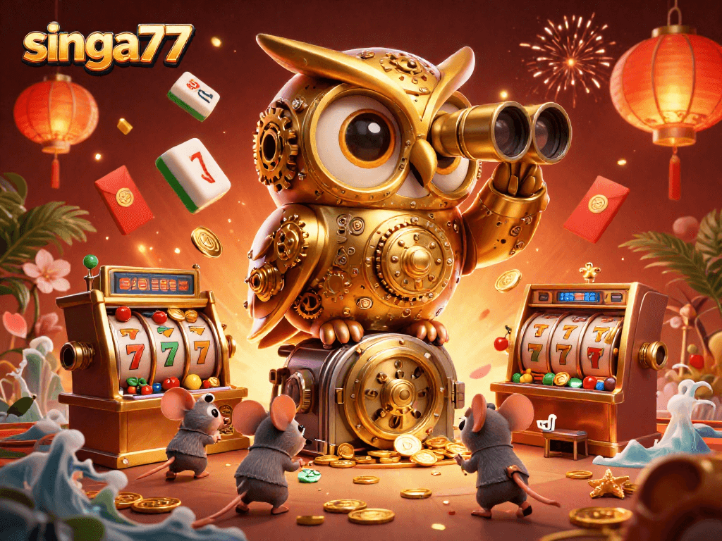 Singa77 showcases a vibrant casino scene with a golden owl and playful mice amidst dazzling slots.