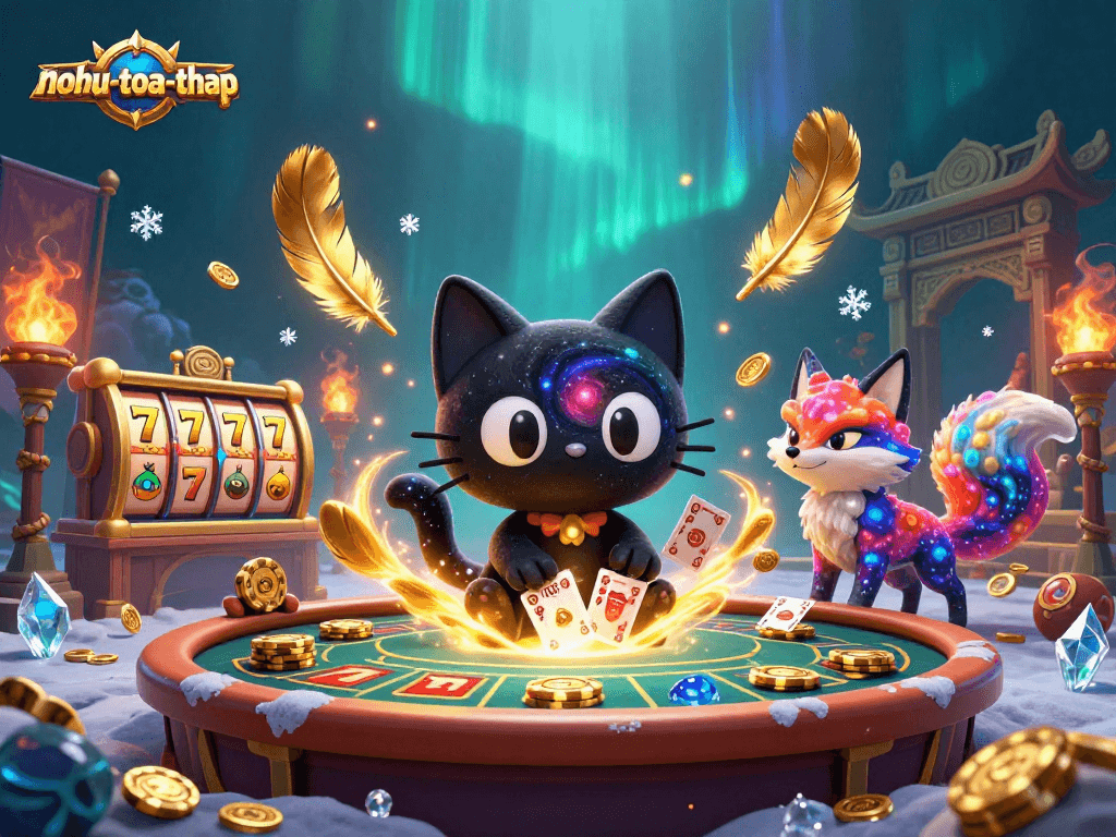 Nohut-toa-thap game illustration featuring a black hole cat engaging players with casino elements and golden prizes.