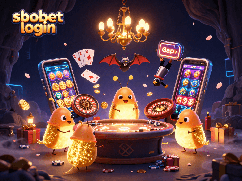 Engage with sbobet login through this vibrant 3D casino scene featuring glowworms and a bat dealer.