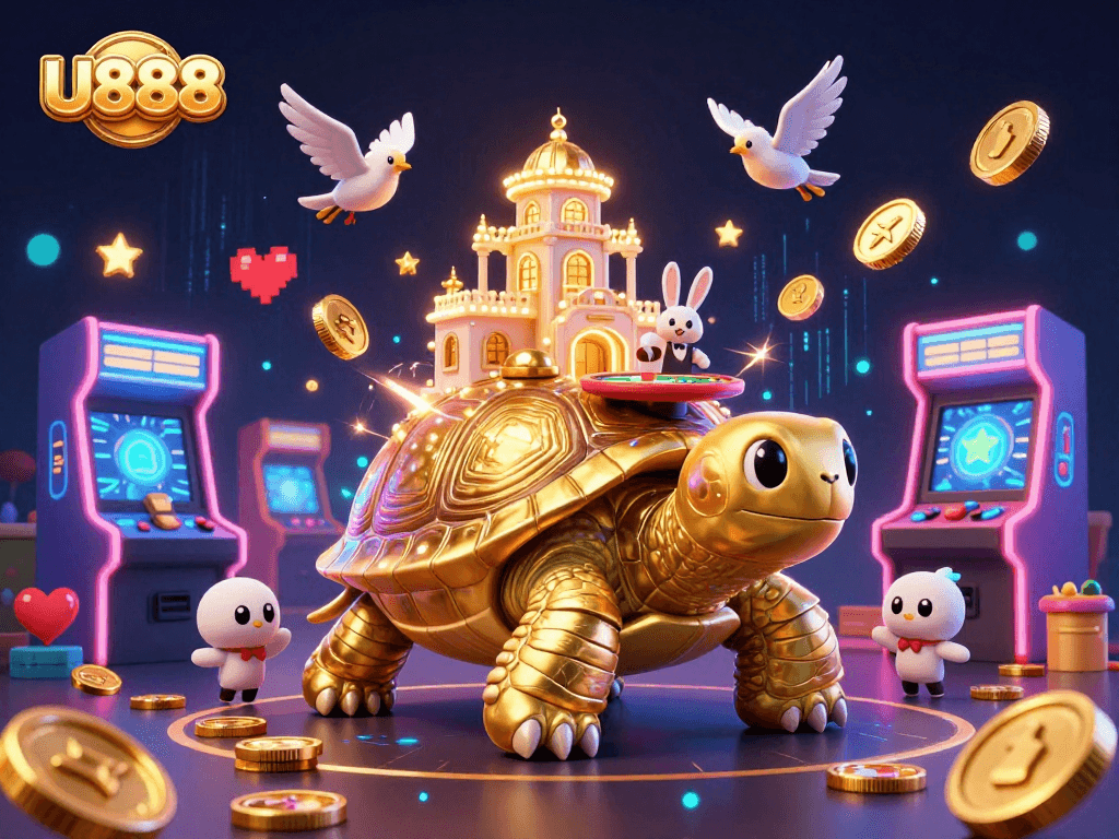 U888 players enjoy thrilling games amidst a dynamic casino scene featuring a golden tortoise and rabbit dealer.