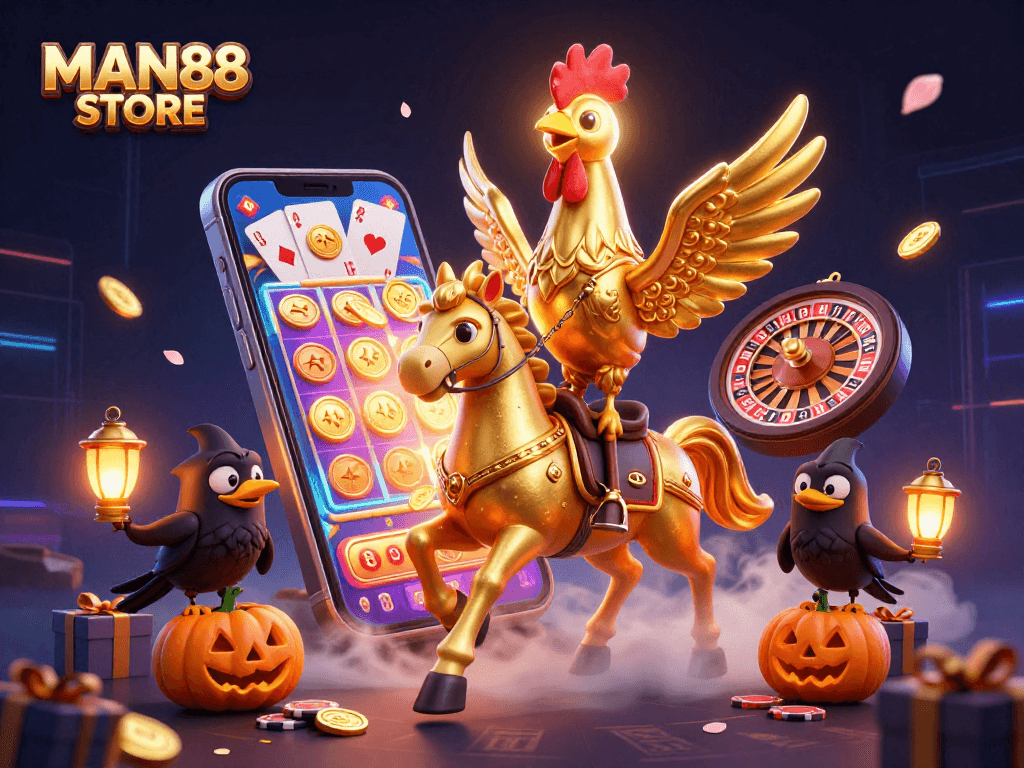 Experience the action at MAN88 STORE with a golden rooster and its spooky companions in a vibrant casino scene