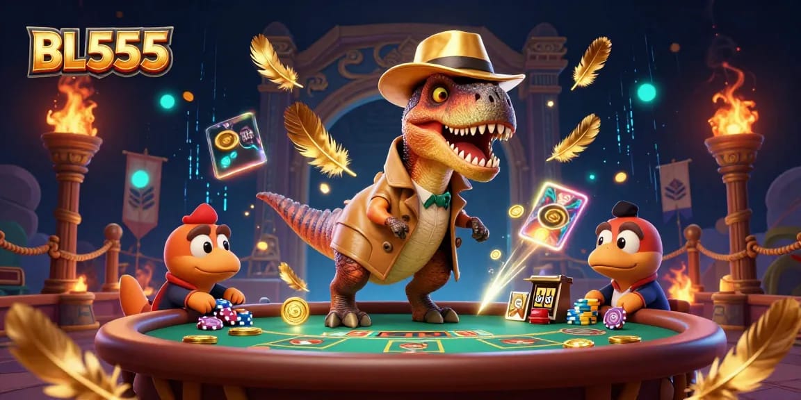 Engage in excitement at BL555 with a velociraptor card counter amidst a vibrant casino scene.