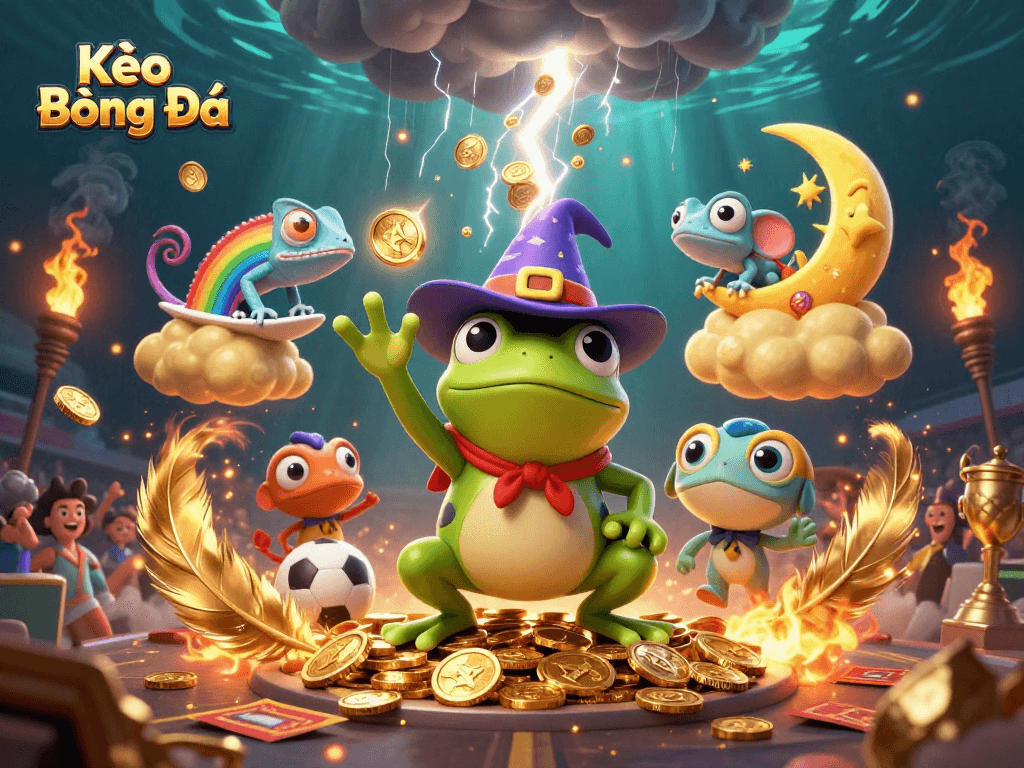 Kèo Bóng Đá: Experience thrilling sports betting excitement with vibrant 3D characters and dynamic golden elements.