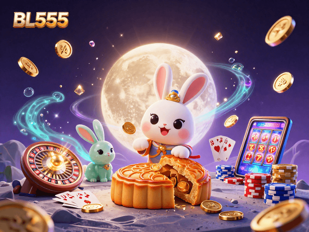 Unlock amazing winnings at BL555 with a captivating scene of a moon rabbit and casino elements
