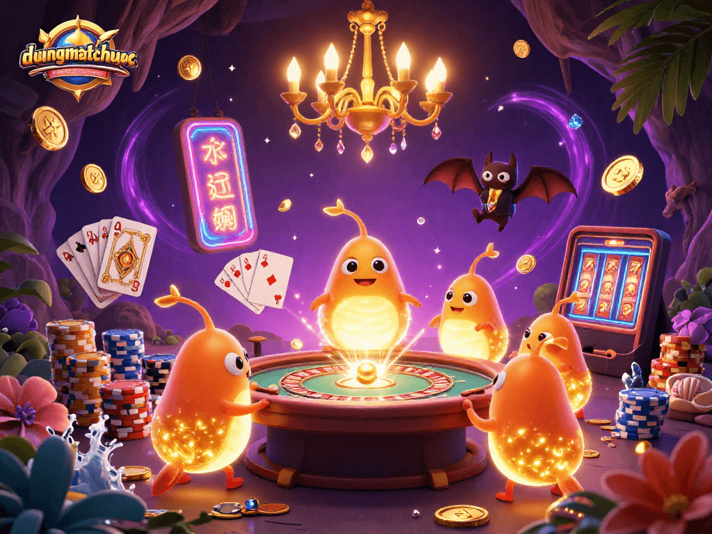 Experience duongmatchuoc in a vibrant cave casino with glowworms, cascading coins, and dynamic game elements.