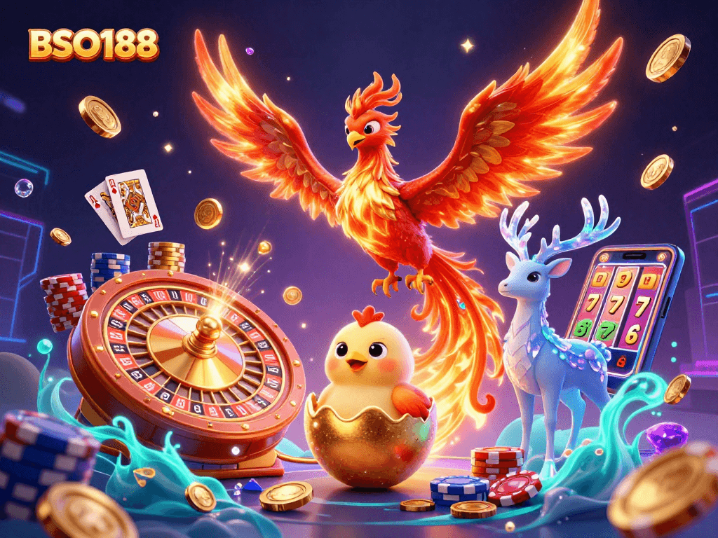 Experience the energy of BSO188 with vibrant casino elements and a phoenix themed design.