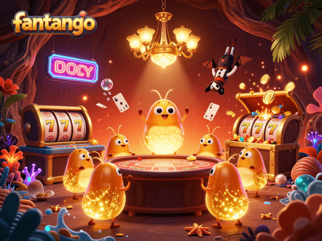 Engage in thrilling gameplay with fantango in a vibrant cave casino, illuminated by glowworms and bat dealer.