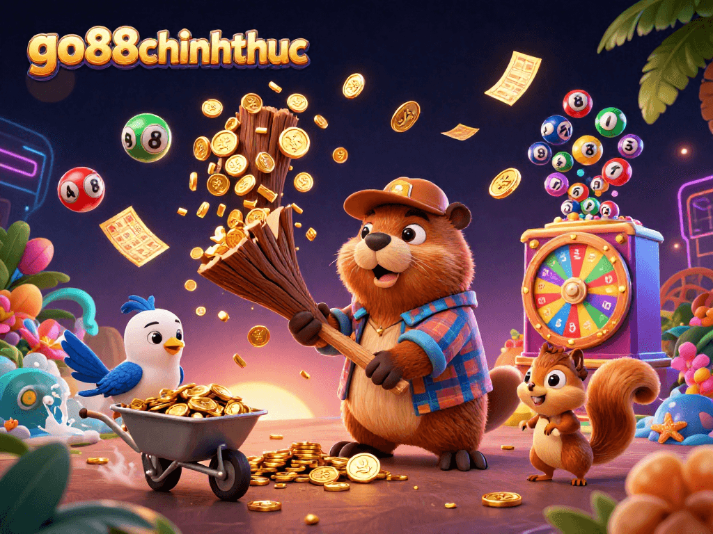 Experience go88chinhthuc with a lively 3D illustration of a beaver and friends in a dynamic casino setting.
