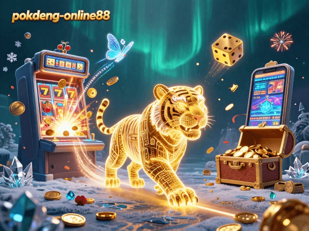 Join the action at pokdeng-online88, featuring vibrant 3D casino elements and a captivating golden tiger.