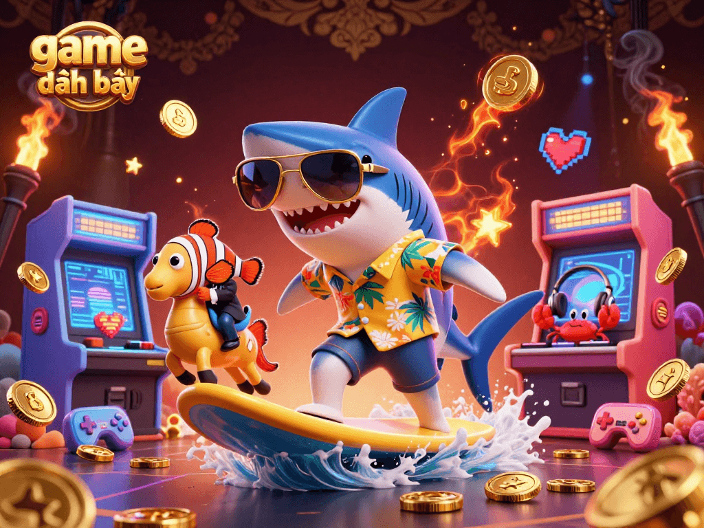 Engage in game đánh bài with a vibrant, cartoon-inspired 3D casino scene filled with fun elements.