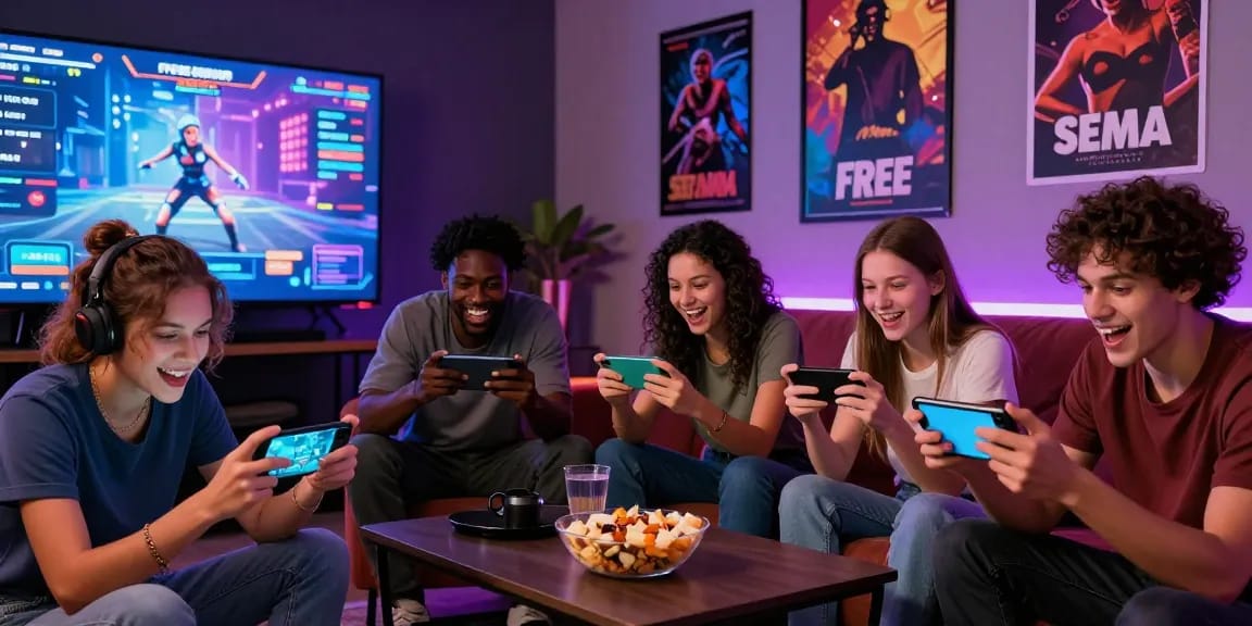 Friends enjoying a free sex game on mobile devices in a colorful gaming setup