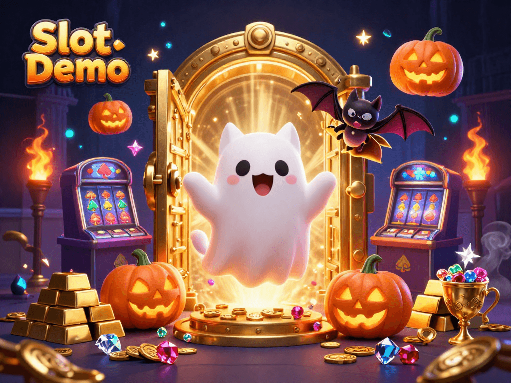 Spinning Slot Demo reels showcase a ghost cat and treasure amidst a vibrant casino scene.