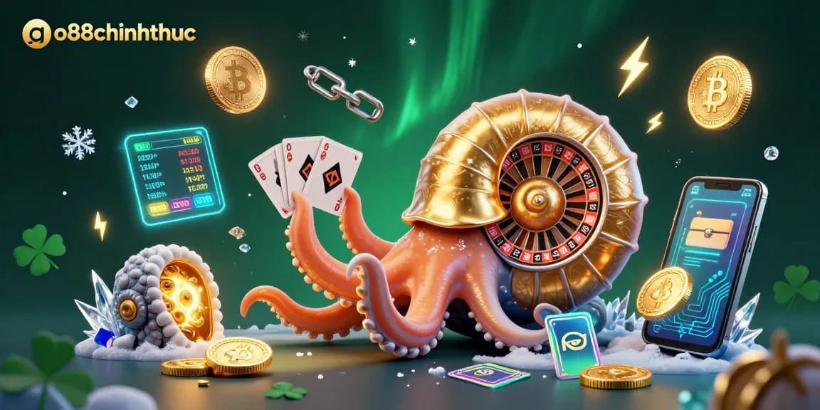 Engage with the go88chinhthuc casino world through a vibrant 3D illustration filled with crypto gaming elements.