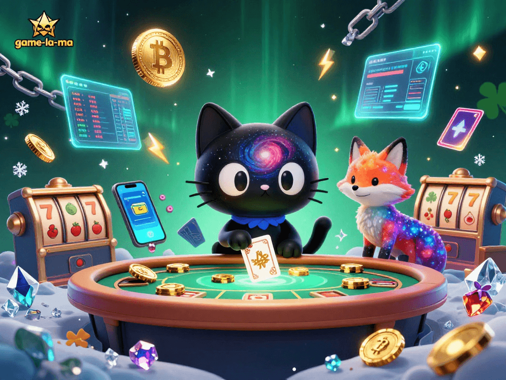 Engage with the vibrant cosmic scene of game-la-ma featuring a black hole cat and nebula fox amidst gambling excitement.