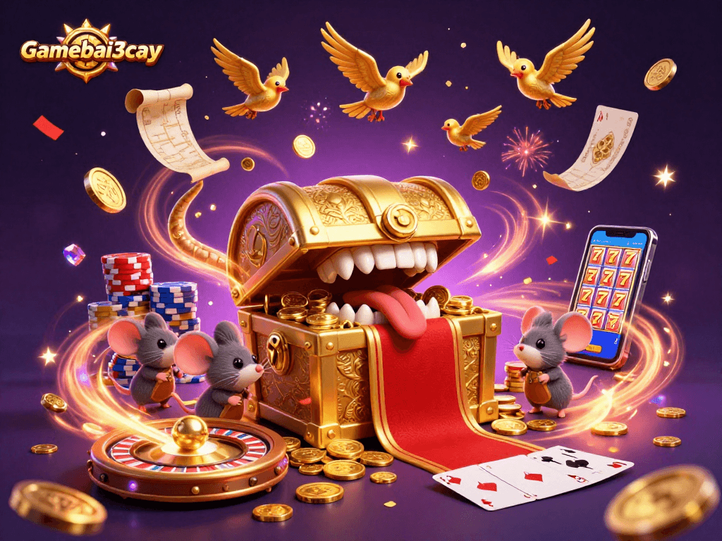 Immerse in gamebai3cay's vibrant carnival of riches, featuring treasure chests and casino gems.