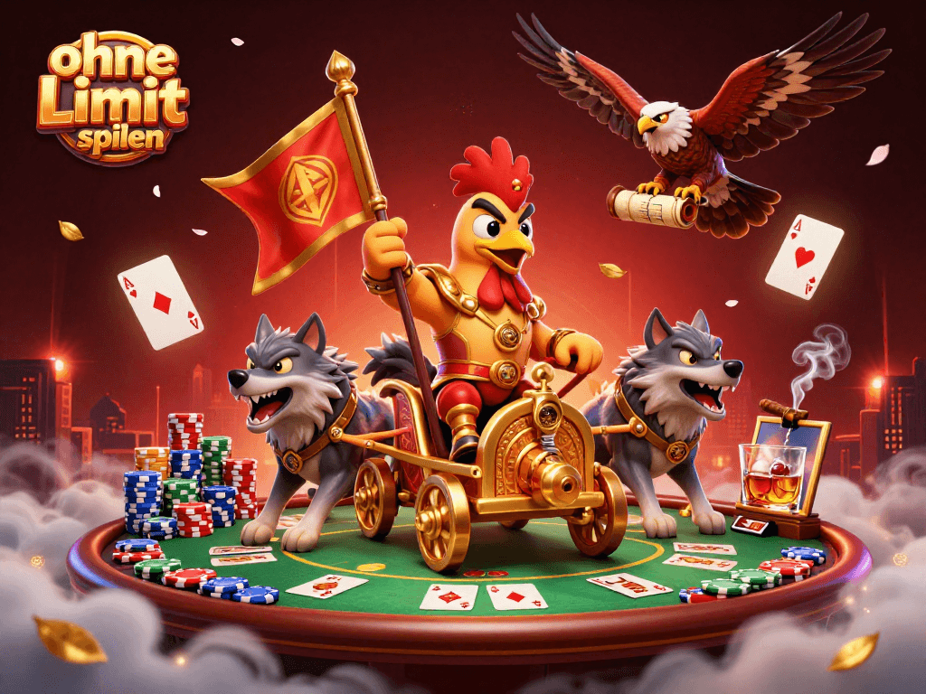 Engage with ohne Limit spielen at a dynamic poker table featuring a cartoon rooster warlord and wolves.
