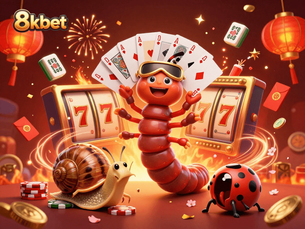 Join the excitement at 8kbet with a colorful 3D casino scene featuring lively characters and gaming elements.
