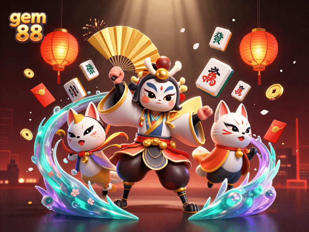 Experience gem 88's thrilling casino scene featuring a kabuki warrior and festive game elements.