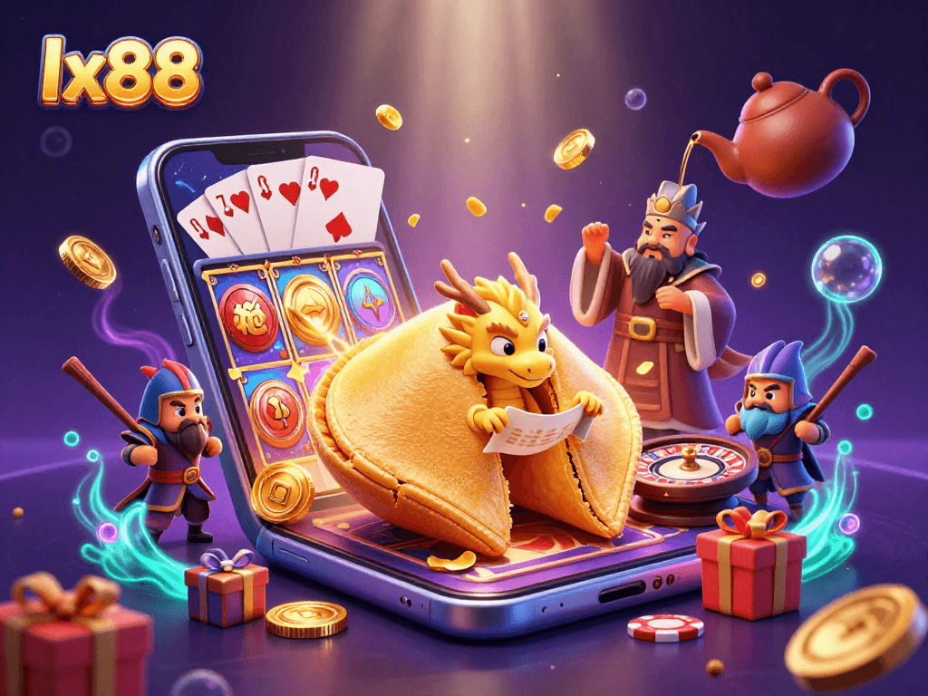 Engage with the lx88 casino experience featuring a golden fortune cookie and a wise dragon among vibrant gambling elements.