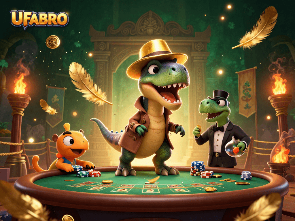 Experience exciting gameplay at UFABRO with cartoon dinosaurs at a blackjack table, vibrant casino elements.