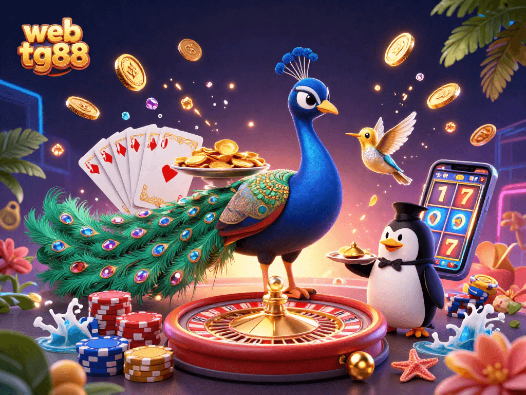 Join the excitement of web tg88 with colorful casino characters amid shimmering coins, showcasing thrilling action.