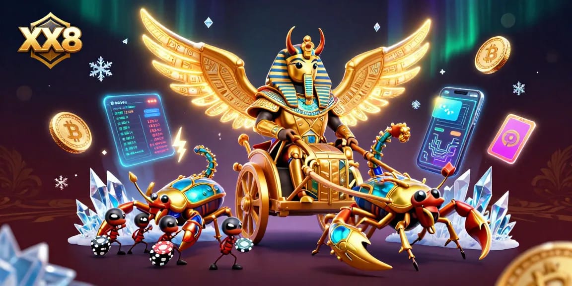 Engage with XX8's thrilling casino experience featuring a colossal scarab beetle amidst vibrant NFTs and crypto elements.
