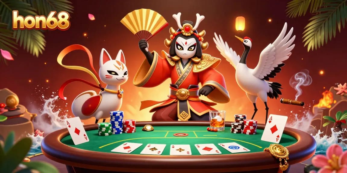 Join the action at hon68 with a thrilling casino scene featuring a kabuki warrior and vibrant game elements.