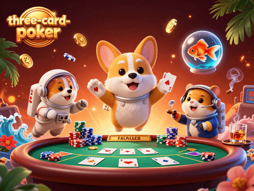 Engage with three-card-poker in an exciting space casino scene full of floating chips and vibrant characters.