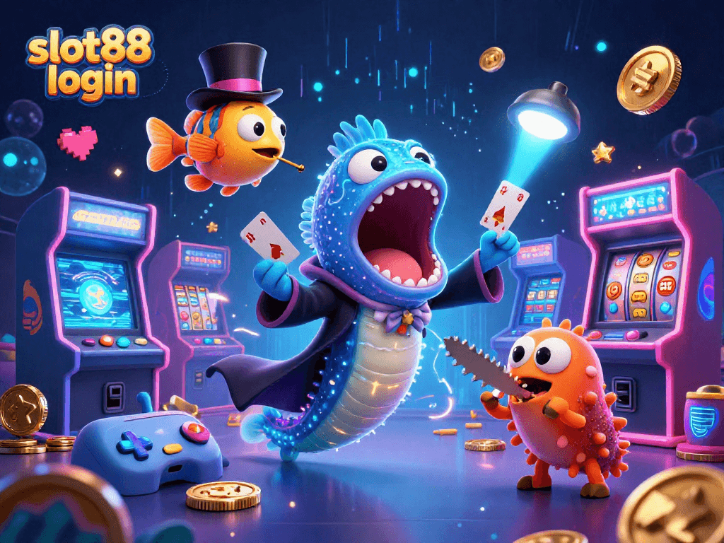 Experience the excitement of slot88 login with captivating 3D characters in a casino-themed magical scene.