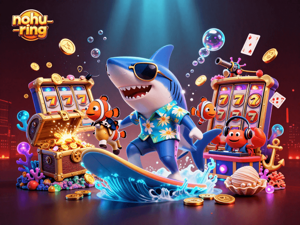 Experience thrilling action with nohu-ring as a shark surfs coins and jackpots in a vibrant casino scene.