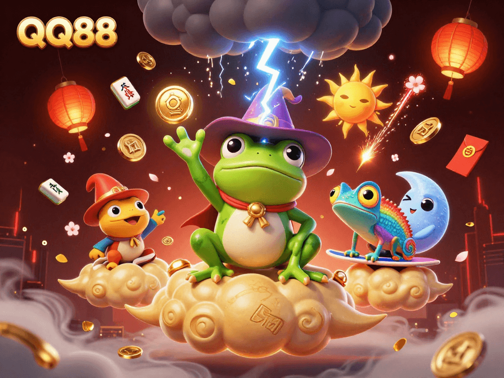 Experience the magic of QQ88 with a vibrant 3D scene of a wizard frog and chameleon amidst gold coins and festive elements.
