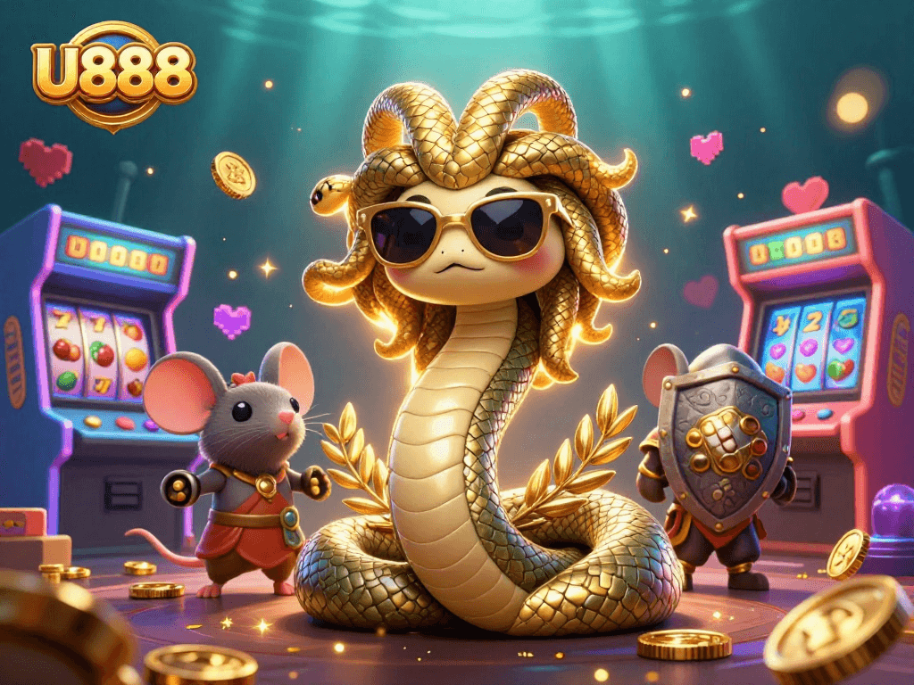 Experience the vibrant rush of U888's games illustrated with captivating casino elements and characters.